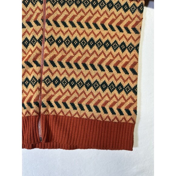 Vintage 70s Geometric Knit Wool Zip Cardigan Sweater Orange Black Chevron - Picture 2 of 7